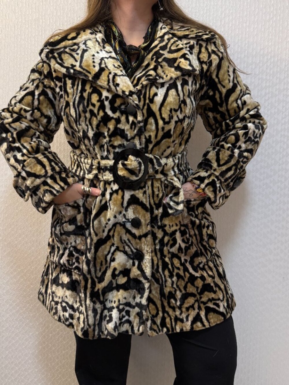 Vintage 60s 70s Leopard Faux Fur Animal Print Belted Coat Union Made Mod M/L